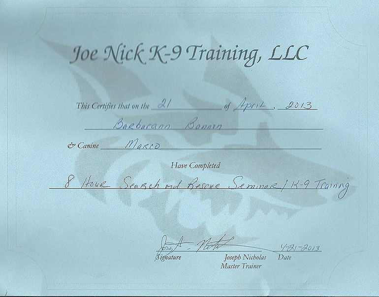 certifications-joe-nick-canine training llc marco