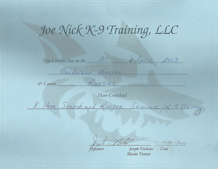 certifications joe nick canine trailing llc russell